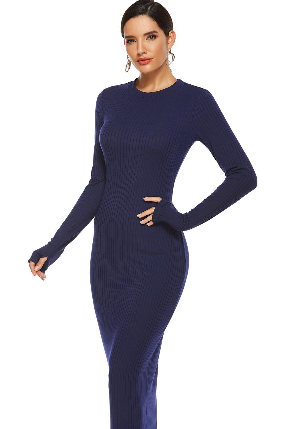 Autumn Winter Skinny Maxi Dress Women Sexy O Neck Long Sleeve Finger Hole es Elegant Rib Knit Slim Robe Female 210522