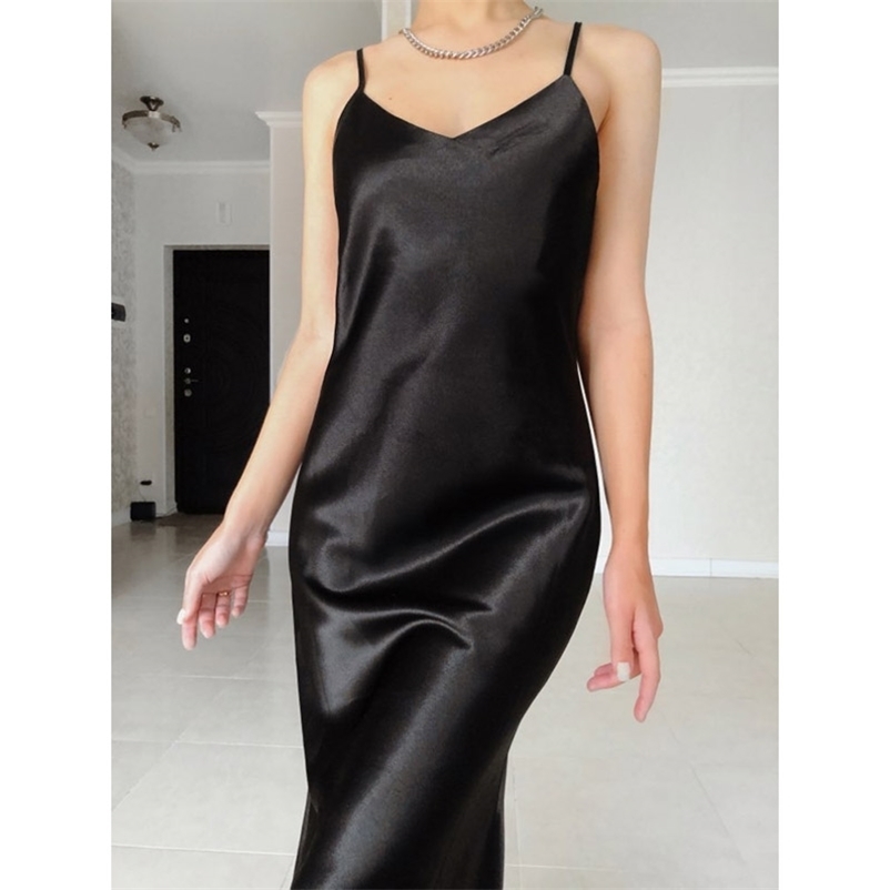 Unireal Summer Women Satin Slip Dress Spaghetti Strap Gold Black Silk Sexy Long Mermaid Party Dress 210409