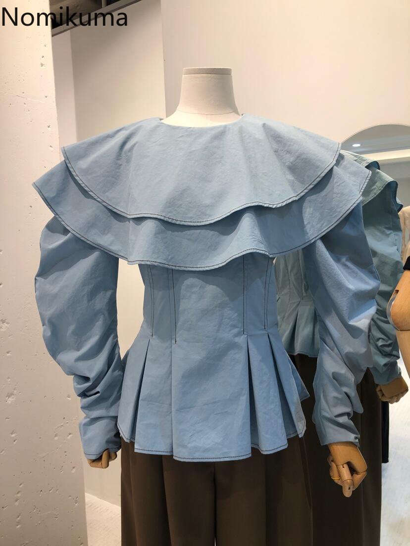 Nomikuma Korean Ruffle Double-layer Jeans Blouse Puff Long Sleeve Slim Waist Elegant Shirt Spring New Women Demin Top 6D788 210427