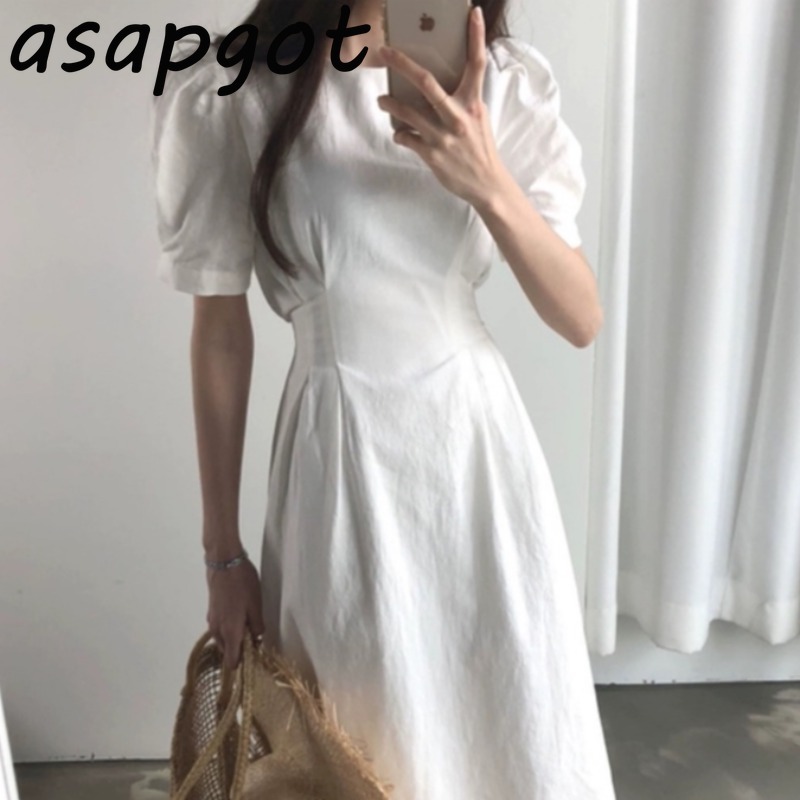 Minimalist Korean Chic Slim Lace Up Waist Solid Plus Size White Puff Sleeve A Line Cotton Linen Dress Women Vestido De Mujer 210429