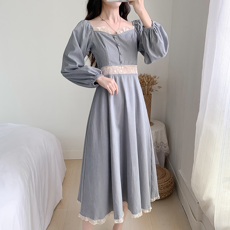 Spring and Autumn Square Neck Lace Patchwork Long sleeve Dress Women French style Show thin Elegant Fashion 210506