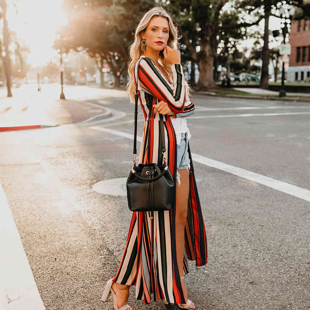 Red Boho Striped Robes Bathing Suit Cover-ups Plus Size Beach Wear Kimono Dress Tunic Women Summer Swimsuit Cover Up A839 210420