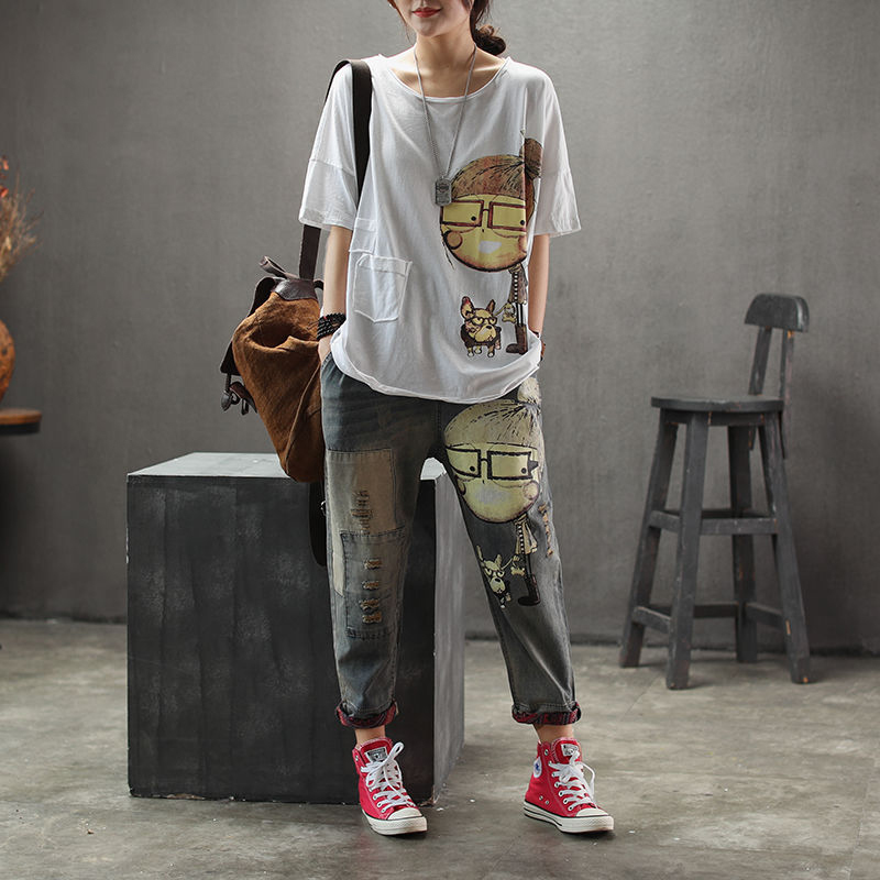 Arrival Spring Korea Fashion Women Elastic Waist Loose Ripped Jeans Cartoon Print Casual Denim Harem Pants Plus Size S666 210512