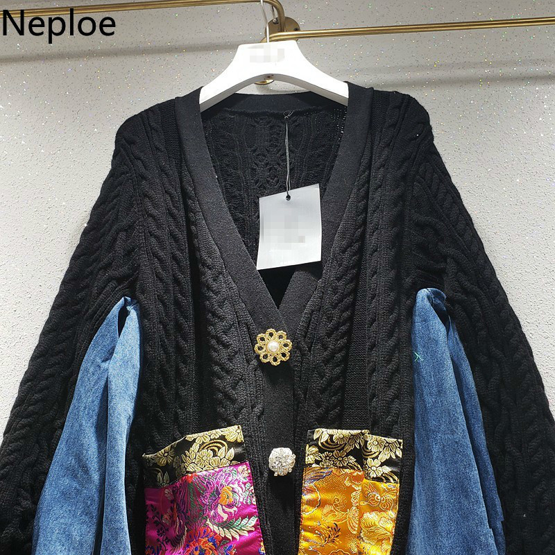 Neploe New Arrival Knitted Cardigan Chinese Style Patchwork Cowboy Sweaters Women Chic Embroidery Loose Sueter Coat 94552 210422