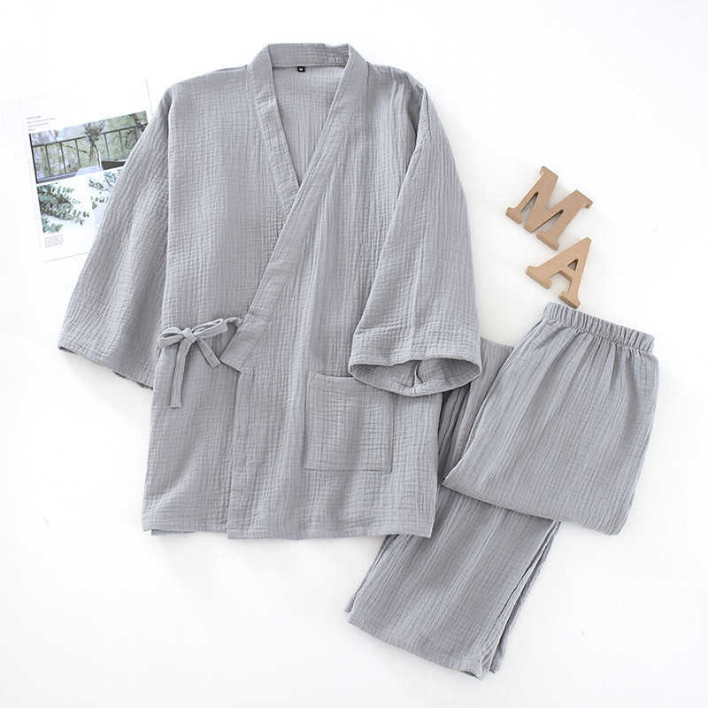 Japanese Kimono Set 100%Cotton Pajamas Two-piece Couple Yukata Loose Men's And Women's Sweat Steaming Suit Home Service Set 210924