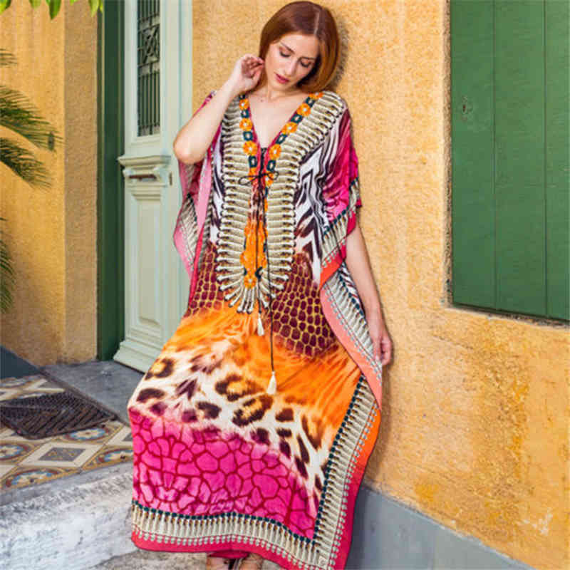 Boho Printed Bikini Cover-ups Elegant V-neck Short Sleeve Plus Size Kaftan Summer Women Beach Wear Swim Suit Cover Up Q1258 210420