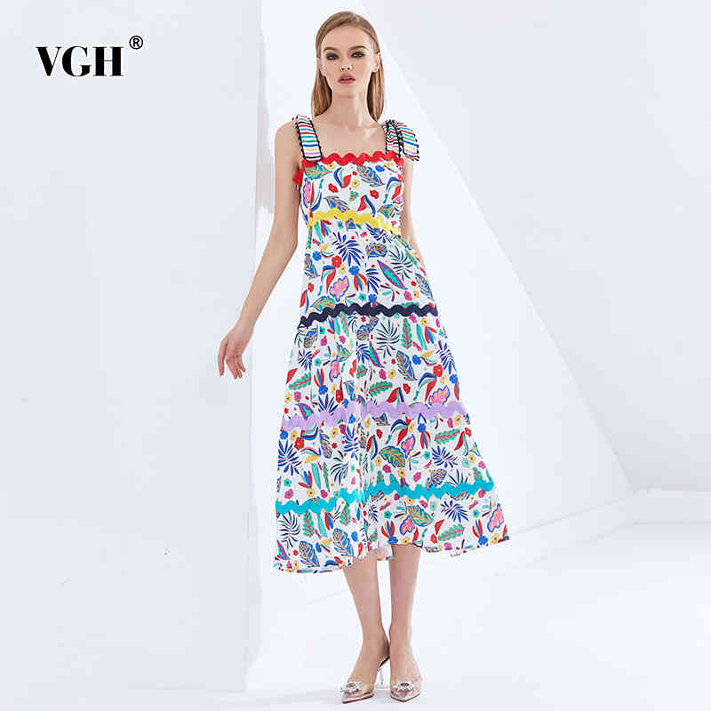 VGH Print Hit Color Dresses For Female Square Collar Sleeveless High Waist Slimming Ruched Women's Elegant Dress Fashion New 210421