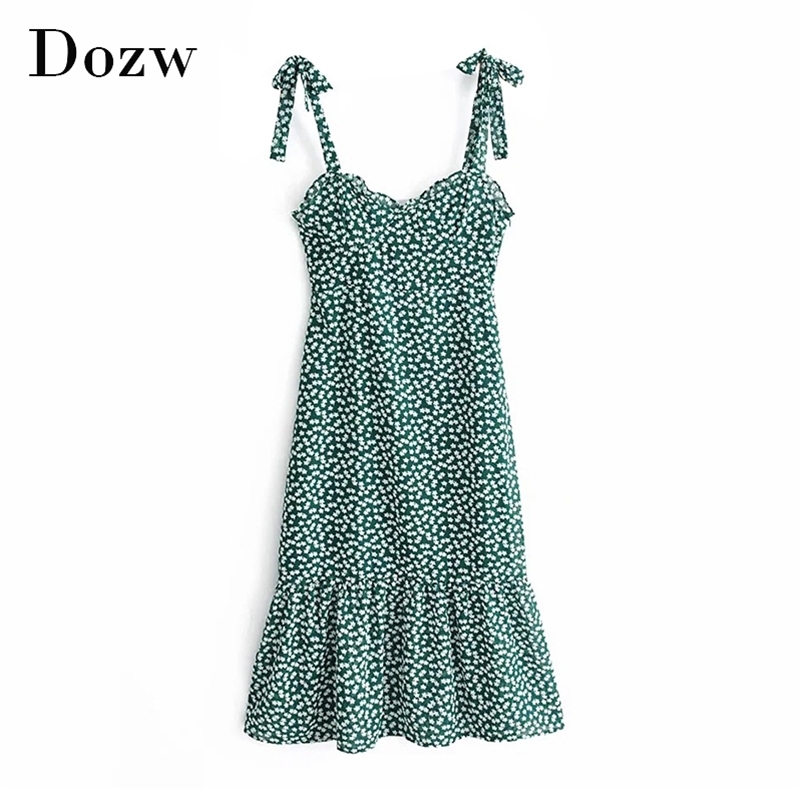 Women Floral Print Beach Dress Sexy Backless Holiday Pleated Spaghetti Strap A Line Midi Summer Vestido De Festa 210515