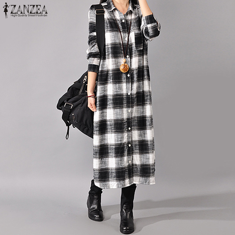 Women Plaid Checked Long Dress ZANZEA Autumn Lapel Neck Long Sleeve Casual Shirt Vestido Robe Buttons Down Cotton Sundress Tunic, Black
Women Plaid Checked Long Dress ZANZEA Autumn Lapel Neck Long Sleeve Casual Shirt Vestido Robe Buttons Down Cotton Sundress Tunic, Black