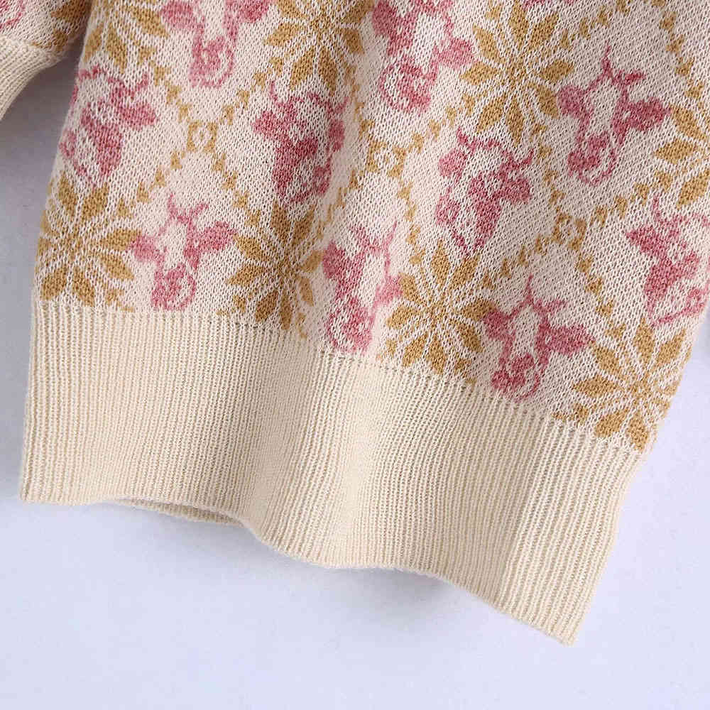 Women Animal Jacquard Sweater Button Decoration Short Sleeve Elegant Chic Ladies Knit Shirt Fashion Pullover Top 210520