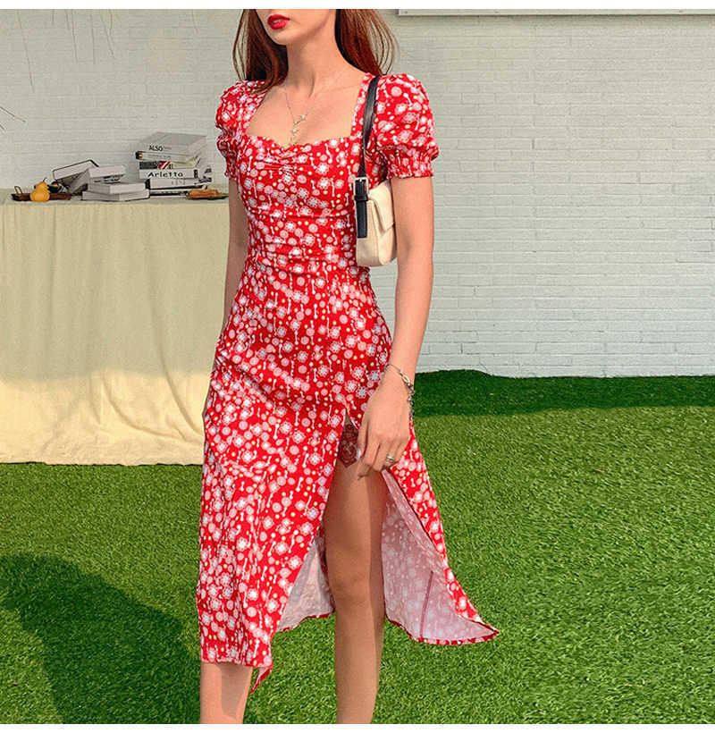 Women Summer Dress Y2K Vintage Fashion Square Collar Ruffle Sexy es Polka Dot Print Split Midi White Vestidos 210623