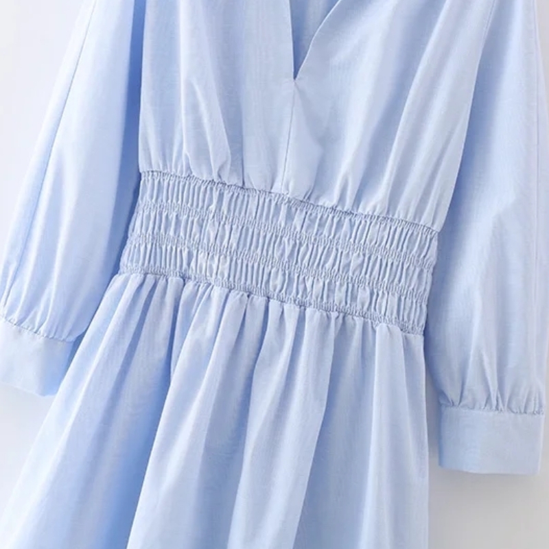 Women V Neck Elastic Waist Blue Mini Dress Female Nine Quarter Sleeve Clothes Casual Lady Loose Vestido D7508 210430Z