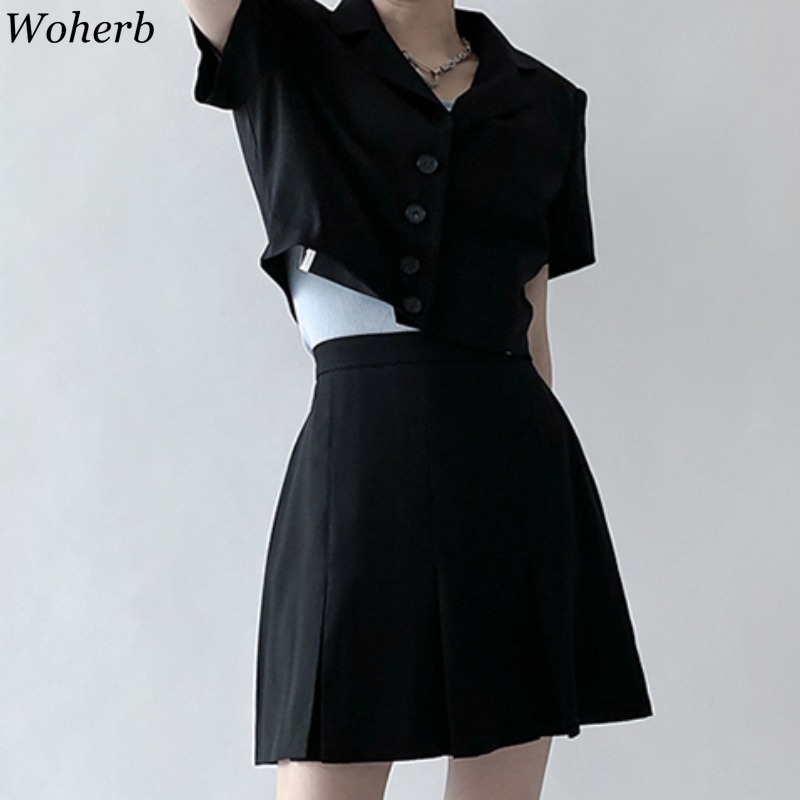 Korean Black Suit 2 Piece Set Women Short Sleeve Coat Rops Slim Mini Skirt Femme Roupas Office Lady Two 210519