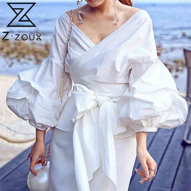 Women Blouse Cotton White Shirt V Neck Puff Sleeve Shirts Bow Bandage Ladies Tops Black Vintage Autumn 210513