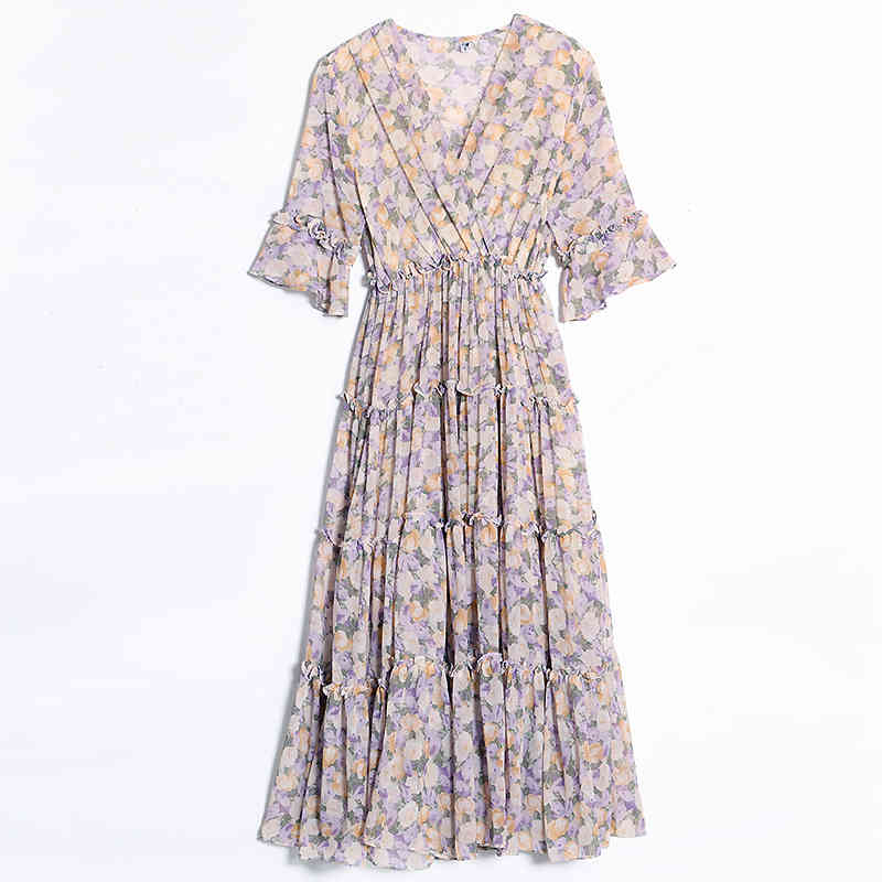 Summer French Style Elegant Chiffon High Waist Floral Dresses V Neck Loose Half Ruffle Sleeve Party Midi Dress Women D12701X 210416