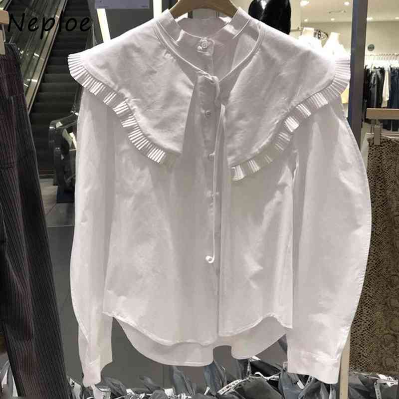 Elegant Wooden Ear Patchwork Loose Blouse Women Peter Pan Collar Long Sleeve Solid Blusas Spring Shirt 210422Z