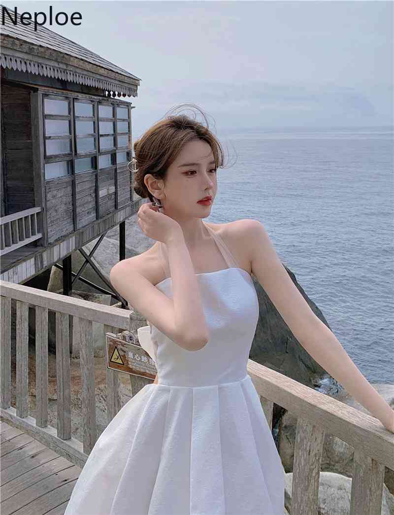 Neploe Party Dress Women Sweet Chic Princess Dresses Lace Up Halter Backless Vestidos Mujer Sexy Lady Summer Sweet White Robe 210422
