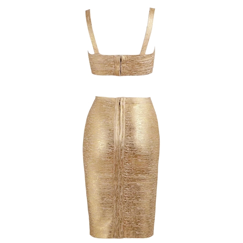 Summer Women's Two-Piece Bandage Dress Celebrity Party Sexy Bodycon Sleeveless Square Neck Gold Mini Skirt Vestidos 210525