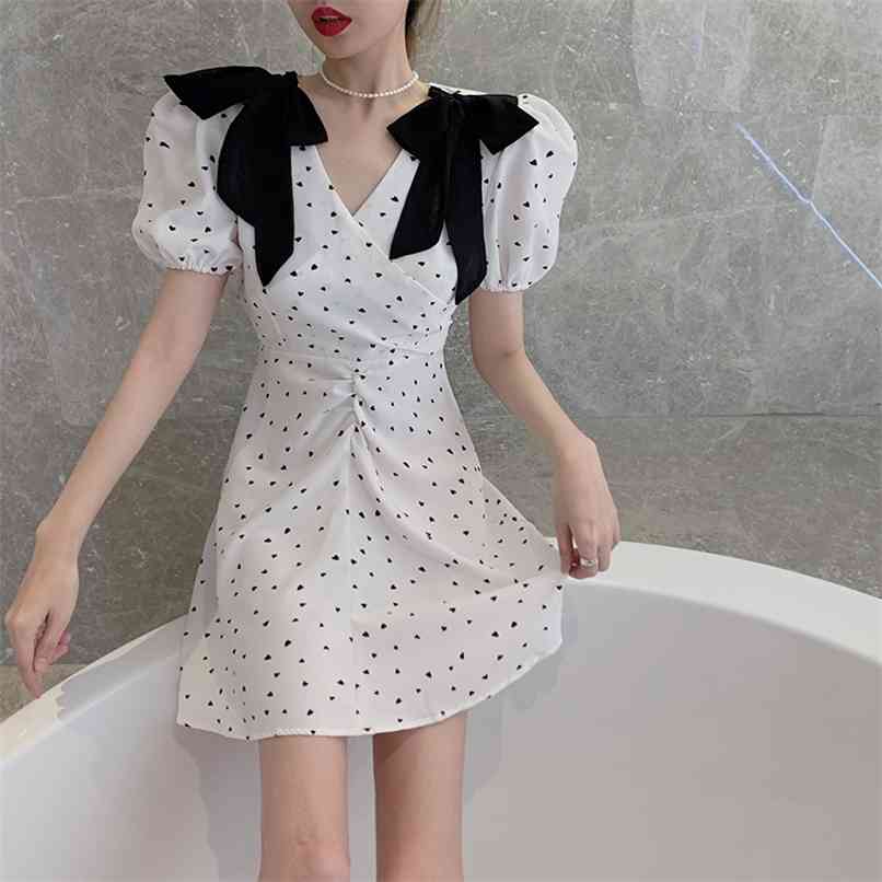 Love Printed White Dress Women Summer Bowtie Polka Dot Female Plus Size Party Sundress V Neck Mini Vestidos Mujer 210601