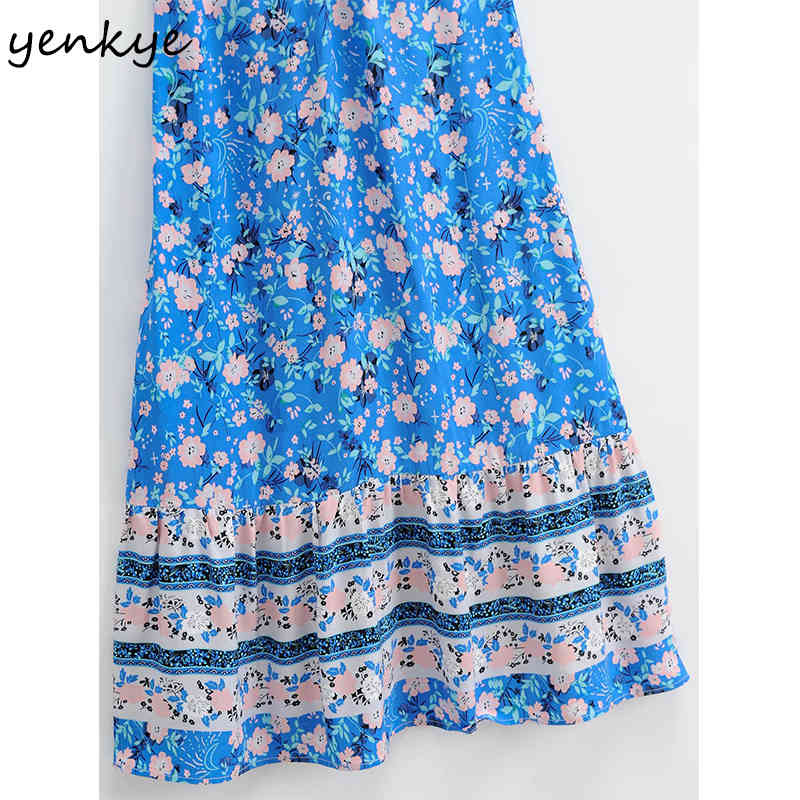 YENKYE Blue Floral Print Holiday Beach Dress Women Sexy V Neck Sleeveless Vestido Mujer High Waist A-line Casual Summer Dress 210515