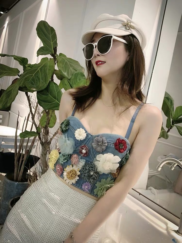 Applique Floral Corselets Women's Bachelorette Bustier Denim Bra Cropped Top Wedding Bralette Vest Plus Size ropa mujer 210421
