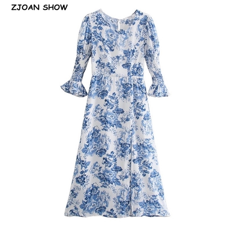 Retro Blue White Floral Print Mid Long Slit Dress Woman Vintage French Split Back Elastic Cuff Chiffon Dresses Holiday 210429