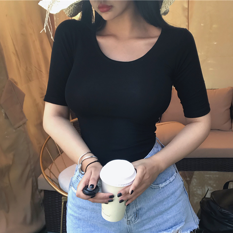 Summer Basic T Shirt Women Elasticity T-Shirt Korean Style Short Sleeve Woman Clothes Slim Tshirt Female Tee Shirt Femme 210406