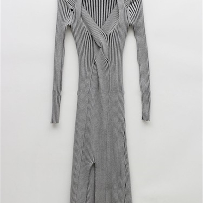 Autumn Winter Women Sexy V-Neck Knitted Dresses Elegant Bottoming Knit Soft Warm Stripe Sweater Slim Slit Vestidos 210519