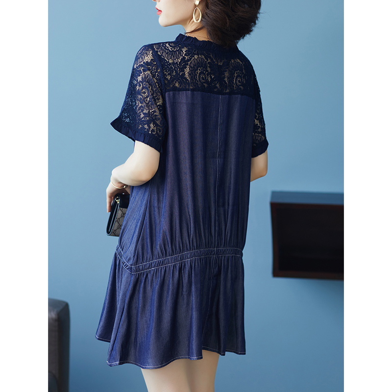 Vintage Plus Size A-Line Lace Denim Patchwork Women Spring Summer Short Sleeve Jeans Ladies Loose Midi Shirt Dress D12801X 210416