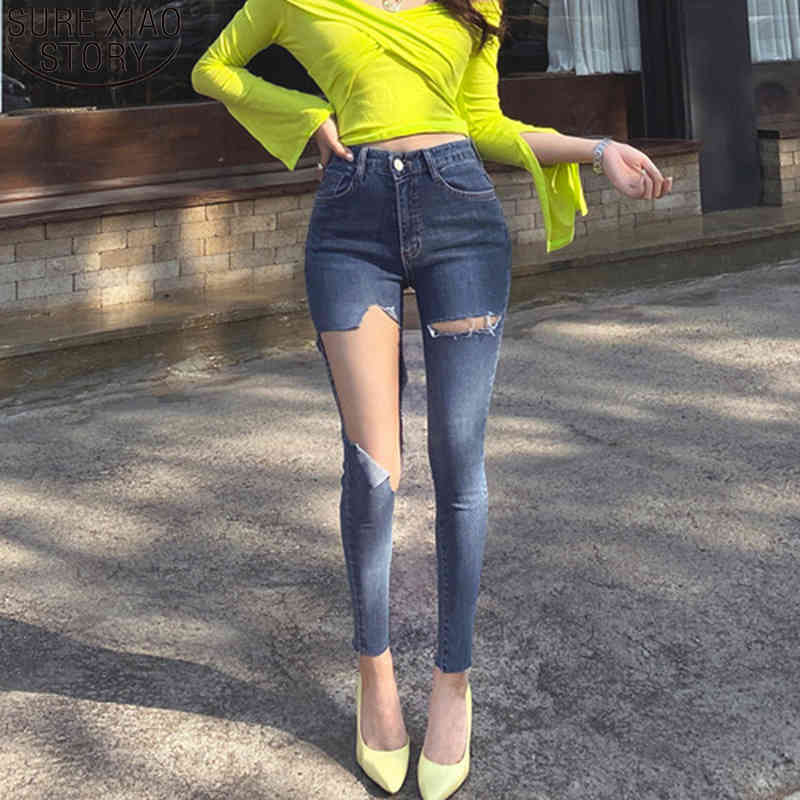 Spring Summer Ripped Holes Elastic Denim Women Jeggings Tassel High Waist Pants Capris Female Skinny Pencil Jeans 10405 210417