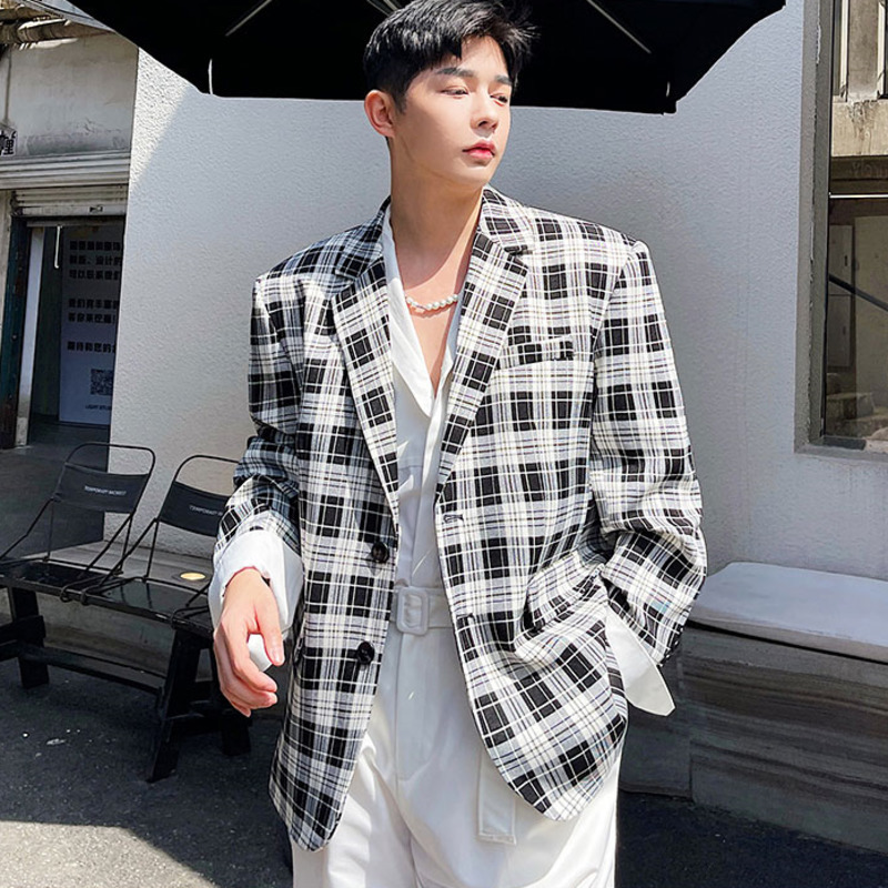 IEFB Spring Summer Korean Loose Vintage Black White Plaid Blazer Men's Temperament Lattice Notched Long Sleevc Suit 9Y7558 210524