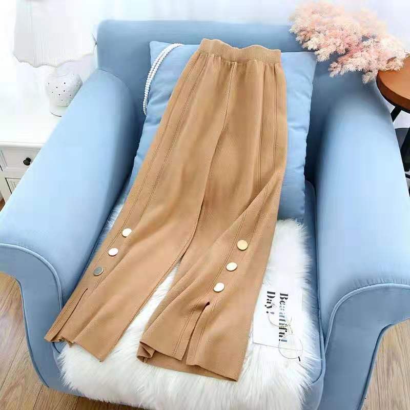 Nomikuma Autumn Winter Knitted Pants Korean High Waist Split Buttons Wide Leg Pants Causal Solid Sweater Women Pants 6C706 210427