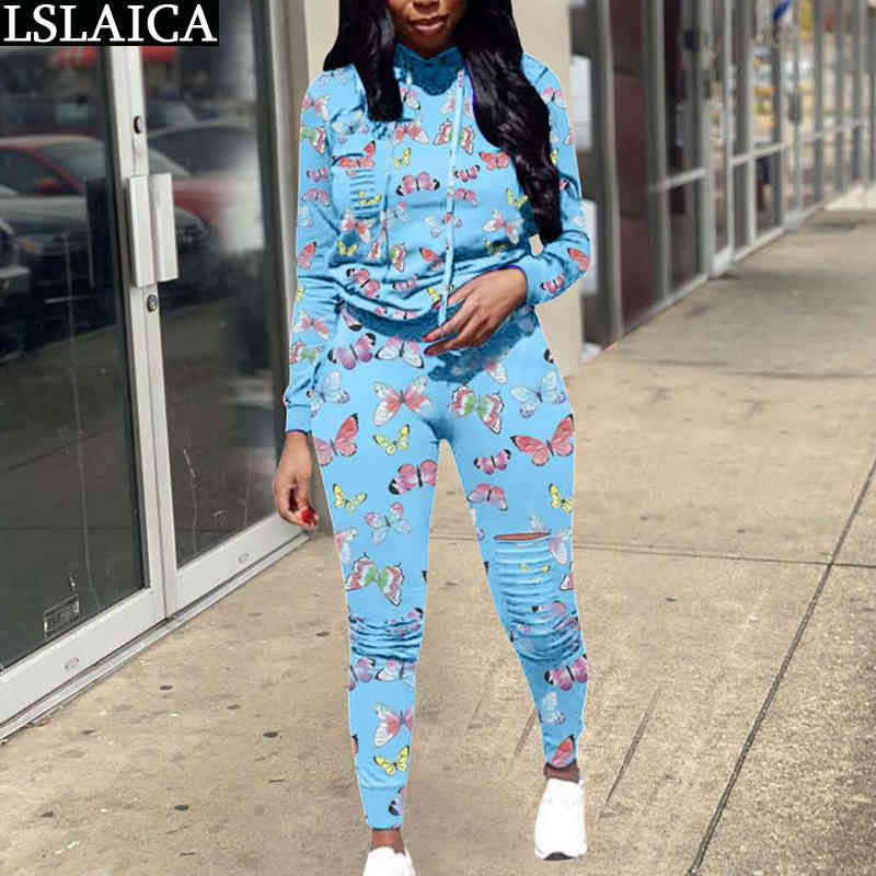 Fashion Two Piece Set Tracksuit Women Autumn Long Sleeve Hooded Sweatshirt Tops Hole Pants Sports Suit 210515