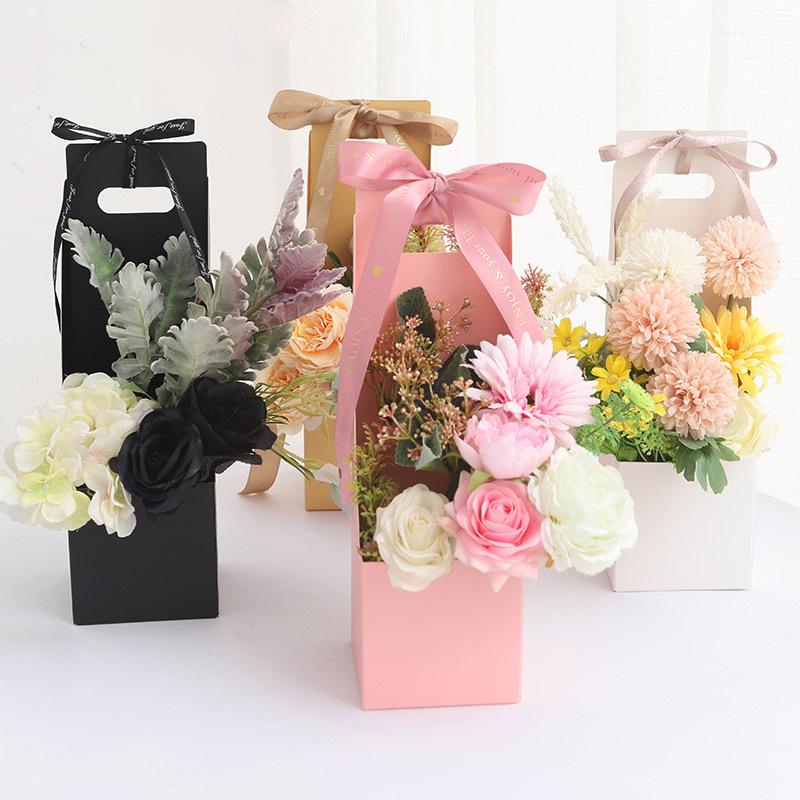 1pc Portable Flower Box Waterproof Paper Handy Gift Bag Kraft Handbag Birthday Wedding Rose Party Boxes Packaging Bags Wrap