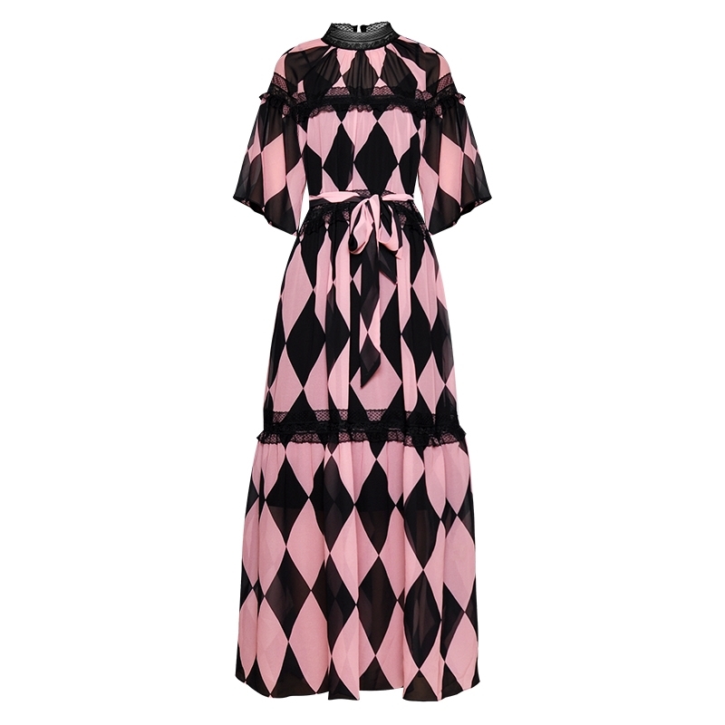 Spring Pink Geometric Printed Lace Patchwork Slim-Fit Lace-up Small Stand-up Collar Suspender Dress Women 210615Z