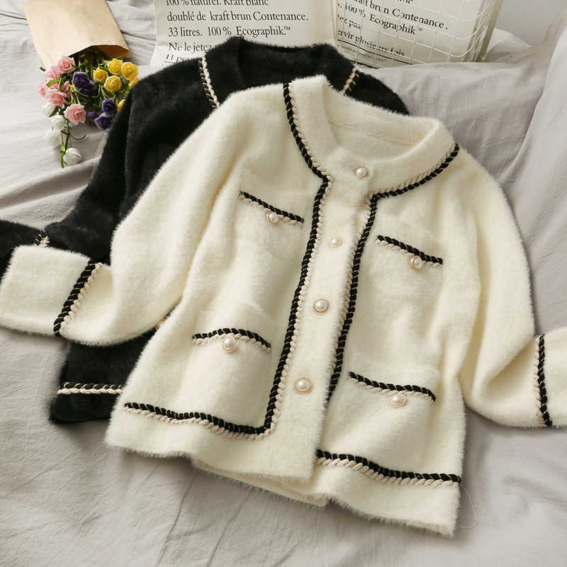 Mink Cashmere Loose Sweater Cardigan Jacket Women Autumn and Winter Short Bright Silk Stripe Thickened Knitted Top Coat 210907