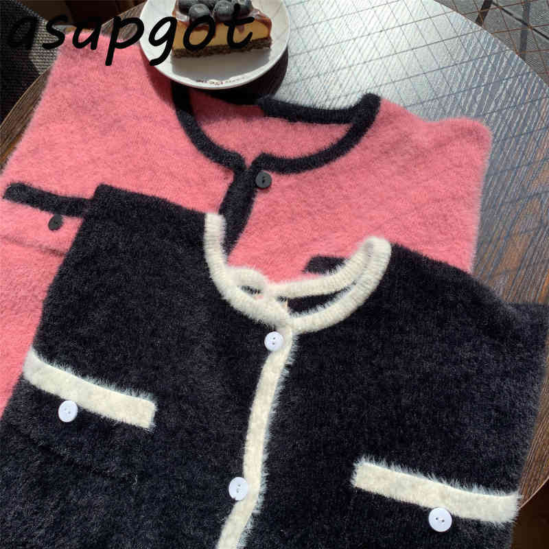 Loose Retro Gentle O Neck Long Sleeve Single Breasted Sweaters Jumpers Black Contrast Color Cardigan Knitted Jacket Women Pink 210429