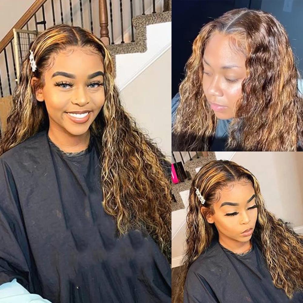 Highlight Color Human Hair Curly Deep Water Wave Frontal Wigs for Black Women Brazilian 13x1 T Part Blonde Synthetic Lace Fr