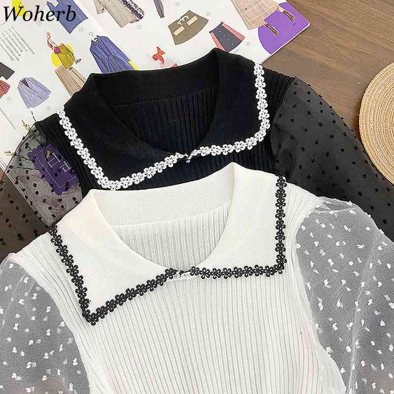 Long Puff Sleeve Ins Tops Women Knitted Stretch Solid Blouse Polka Dot Mesh Casual Shirts Blusas Femininas Elegante 210519