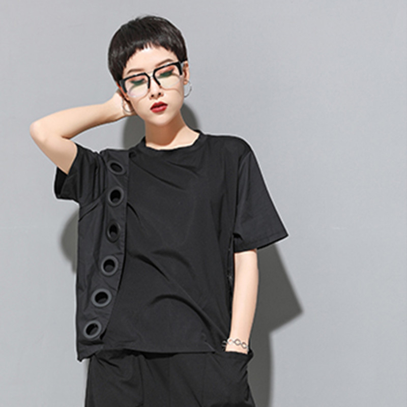 EAM Spring Summer Round Neck Short Sleeve Black Hollow Out Split Joint Big Size Tshirt Women Fashion JW045 210406