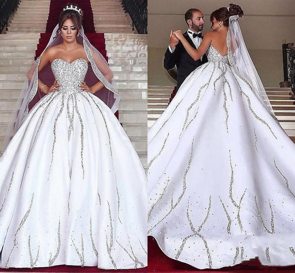 Sweetheart Luxury Wedding Dress With Beads Sequins Backless Sexy Ball Gown wedding Dresses Satin Bridal Custom Made