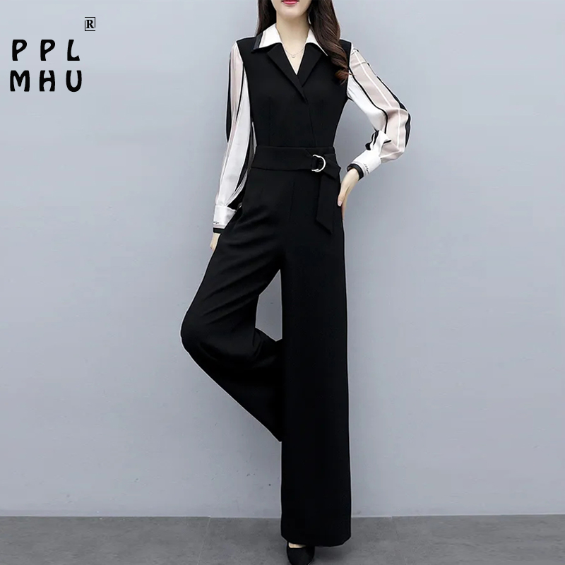 Casual office Lady V-Neck Fake Two Pieces Wide Leg Jumpsuits Korean Style High Waist Long Sleeve Black Rompers Loose Women, Black 1
Casual office Lady V-Neck Fake Two Pieces Wide Leg Jumpsuits Korean Style High Waist Long Sleeve Black Rompers Loose Women, Black 1