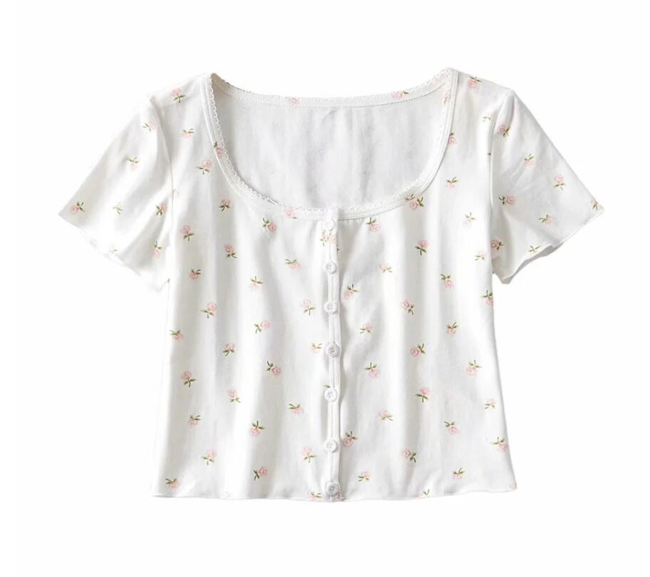 5 Colors CHIC 70s Vintage O neck Floral Short Sleeve Tee Base T-shirts Girl Single-breasted Button T-shirt crop top 210429