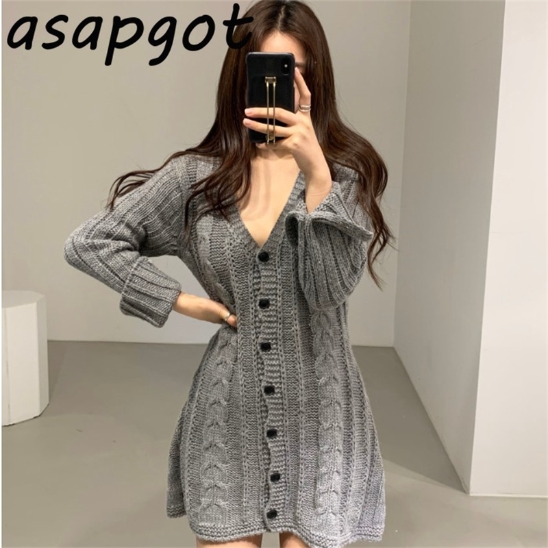 Autumn Winter Sweater Dress V Neck Slim Empire Waist Single-breasted Above Knee Twist Knitted Qualities Loose 210429
