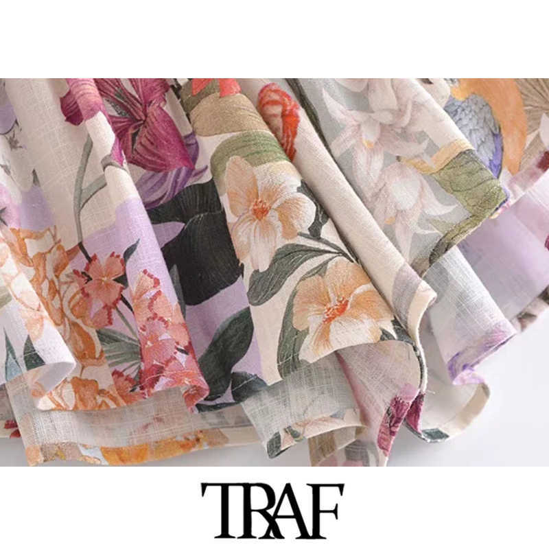 TRAF Women Chic Fashion Floral Print Smocked Shorts Vintage High Elastic Waist With Drawstring Female Short Pants Mujer 210611