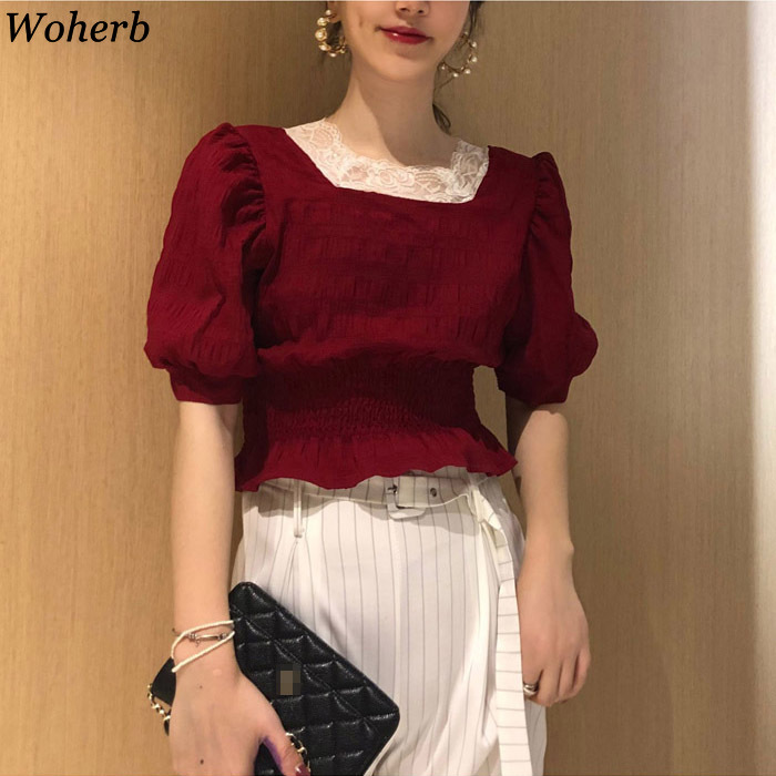 Vintage Women Blouse Lace Patchwork Puff Sleeve Shirts Female Summer Slim Waist Short Blusas Korean Temperament Tops 210519