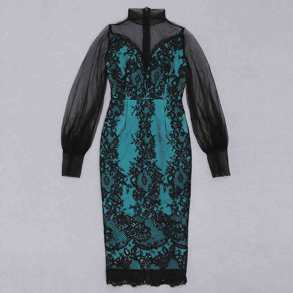 Free Women's Embroidered Sequin Bandage Dress Sexy Tulle Lantern Sleeve Bodycon Celebrity Club Party 210524