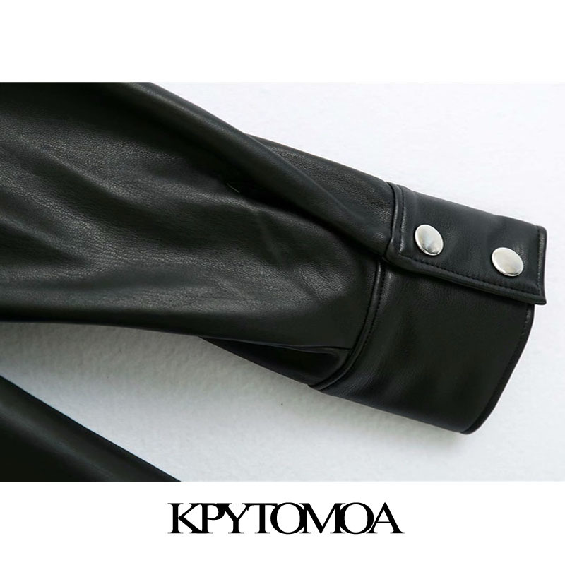 Women Fashion Pockets Oversized Faux Leather Jacket Coat Vintage Long Sleeve Side Vents Female Outerwear Chic Tops 210416