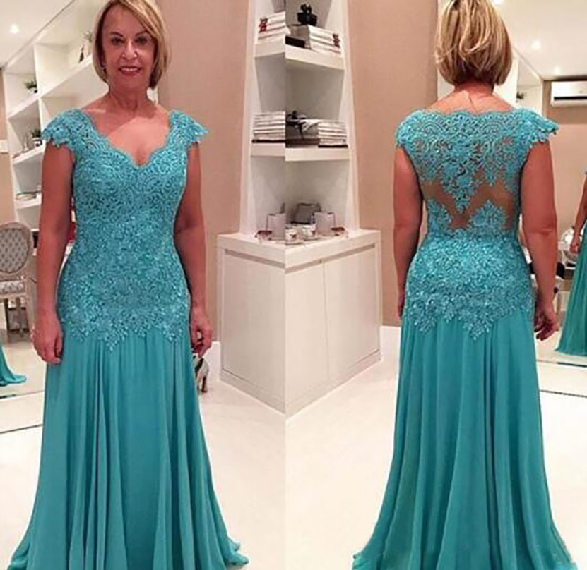 Turquoise Lace Mother Of The Bride Dresses Chiffon Mermaid Moms V Neck Cap Sleeve Applique Formal Evening Gowns Hot Selling