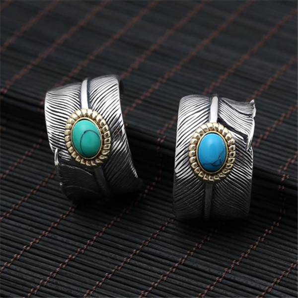 925 sterling adjustable Solitaire rings feather with turquoise stones American Europe antique handmade designer punk gothic Luxury jewelry accessories